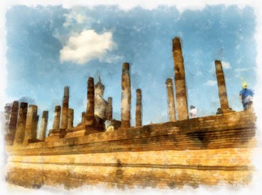 Sukhothai Dünya Mirası Sitesi 'ndeki antik harabelerin manzarası Tayland suluboya resim çizimi.