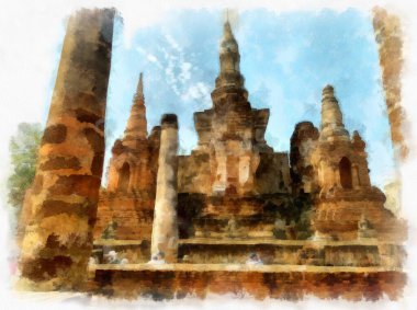 Sukhothai Dünya Mirası Sitesi 'ndeki antik harabelerin manzarası Tayland suluboya resim çizimi.