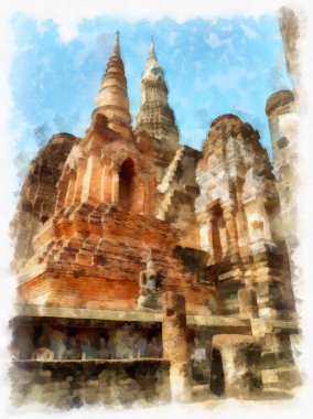 Sukhothai Dünya Mirası Sitesi 'ndeki antik harabelerin manzarası Tayland suluboya resim çizimi.