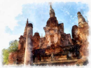 Sukhothai Dünya Mirası Sitesi 'ndeki antik harabelerin manzarası Tayland suluboya resim çizimi.
