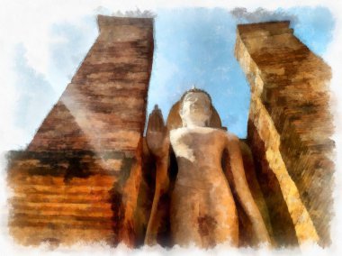 Sukhothai Dünya Mirası Sitesi 'ndeki antik harabelerin manzarası Tayland suluboya resim çizimi.