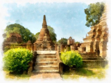 Sukhothai Dünya Mirası Sitesi 'ndeki antik harabelerin manzarası Tayland suluboya resim çizimi.
