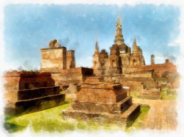 Sukhothai Dünya Mirası Sitesi 'ndeki antik harabelerin manzarası Tayland suluboya resim çizimi.