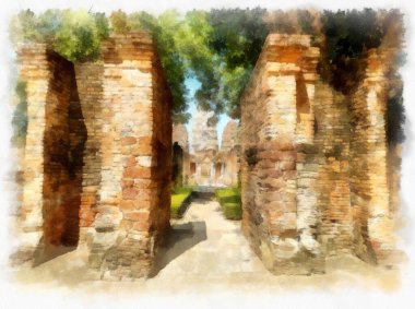 Sukhothai Dünya Mirası Sitesi 'ndeki antik harabelerin manzarası Tayland suluboya resim çizimi.