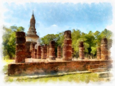 Sukhothai Dünya Mirası Sitesi 'ndeki antik harabelerin manzarası Tayland suluboya resim çizimi.