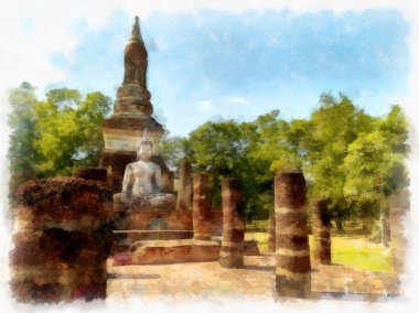 Sukhothai Dünya Mirası Sitesi 'ndeki antik harabelerin manzarası Tayland suluboya resim çizimi.