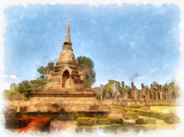 Sukhothai Dünya Mirası Sitesi 'ndeki antik harabelerin manzarası Tayland suluboya resim çizimi.