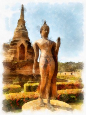 Sukhothai Dünya Mirası Sitesi 'ndeki antik harabelerin manzarası Tayland suluboya resim çizimi.