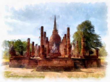 Sukhothai Dünya Mirası Sitesi 'ndeki antik harabelerin manzarası Tayland suluboya resim çizimi.