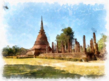 Sukhothai Dünya Mirası Sitesi 'ndeki antik harabelerin manzarası Tayland suluboya resim çizimi.