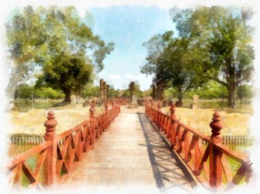 Sukhothai Dünya Mirası Sitesi 'ndeki antik harabelerin manzarası Tayland suluboya resim çizimi.