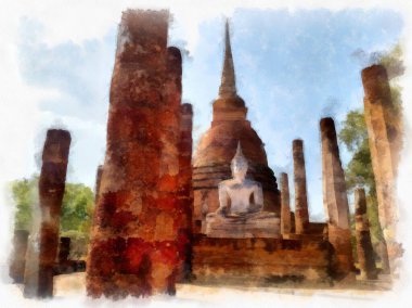 Sukhothai Dünya Mirası Sitesi 'ndeki antik harabelerin manzarası Tayland suluboya resim çizimi.