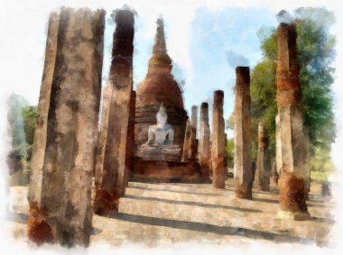 Sukhothai Dünya Mirası Sitesi 'ndeki antik harabelerin manzarası Tayland suluboya resim çizimi.