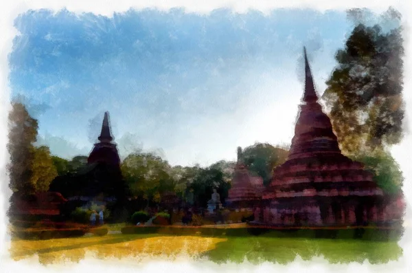 Пейзаж Древних Руин Сукхотай Объект Всемирного Наследия Таиланда Акварель Стиль — стоковое фото