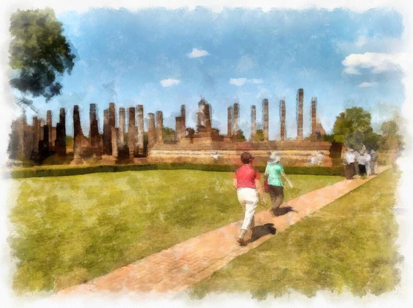 Sukhothai Dünya Mirası Sitesi 'ndeki antik harabelerin manzarası Tayland suluboya resim çizimi.