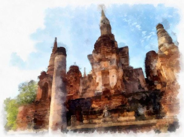 Sukhothai Dünya Mirası Sitesi 'ndeki antik harabelerin manzarası Tayland suluboya resim çizimi.