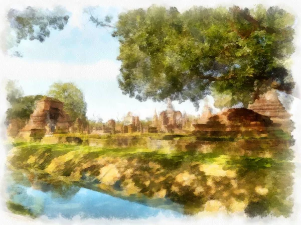 Landschaft Der Antiken Ruinen Sukhothai World Heritage Site Thailand Aquarell — Stockfoto