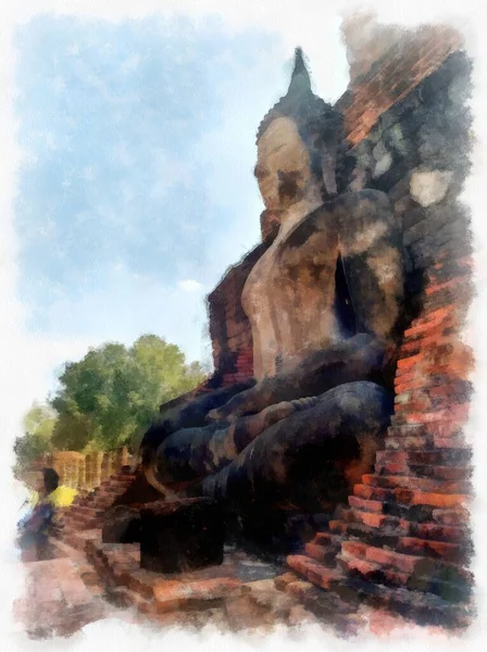 Landskap Antika Ruiner Sukhothai Världsarv Thailand Akvarell Stil Illustration Impressionist — Stockfoto