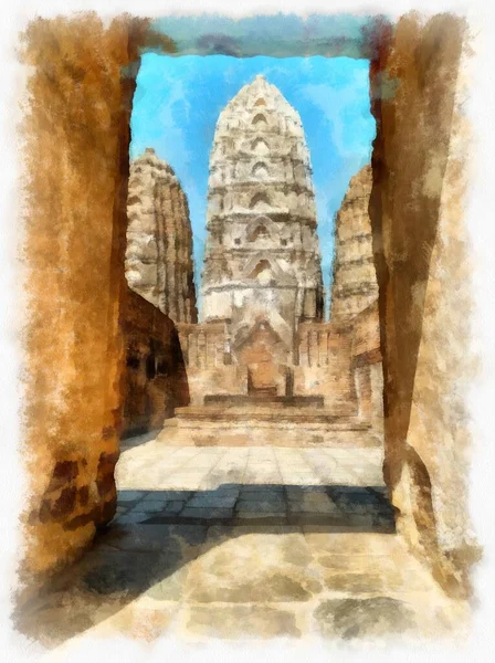 Landskap Antika Ruiner Sukhothai Världsarv Thailand Akvarell Stil Illustration Impressionist — Stockfoto