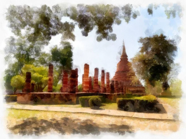 Paisagem Ruínas Antigas Sukhothai Património Mundial Tailândia Aquarela Estilo Ilustração — Fotografia de Stock