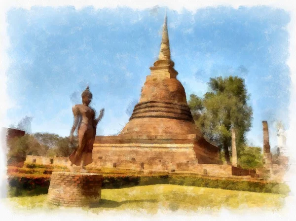 Krajina Starověkých Zřícenin Stránkách Světového Dědictví Suchothai Thajsko Akvarel Styl — Stock fotografie