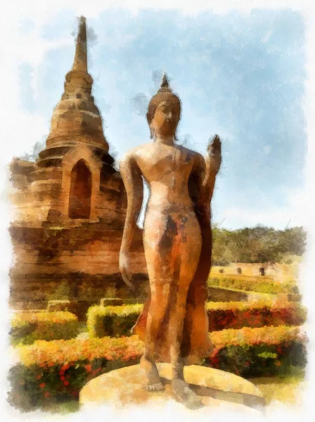 Landskap Antika Ruiner Sukhothai Världsarv Thailand Akvarell Stil Illustration Impressionist — Stockfoto