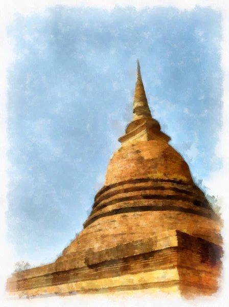Paisaje Ruinas Antiguas Sukhothai Patrimonio Humanidad Tailandia Acuarela Estilo Ilustración —  Fotos de Stock