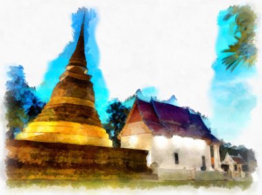 Sukhothai Dünya Mirası Sitesi 'ndeki antik harabelerin manzarası Tayland suluboya resim çizimi.