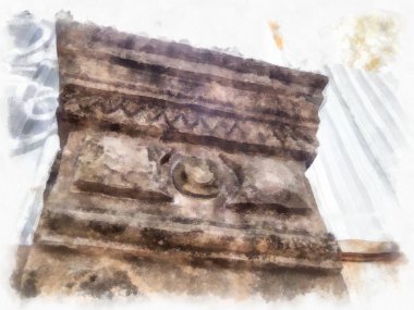 Bangkok 'ta terk edilmiş eski binaların peyzajı suluboya resim çizimi empresyonisti