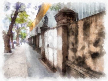 Bangkok 'ta terk edilmiş eski binaların peyzajı suluboya resim çizimi empresyonisti