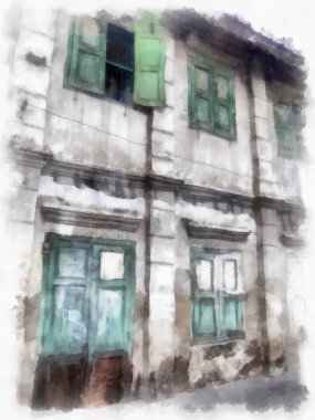 Bangkok 'ta terk edilmiş eski binaların peyzajı suluboya resim çizimi empresyonisti