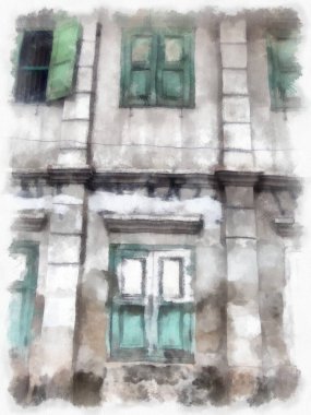 Bangkok 'ta terk edilmiş eski binaların peyzajı suluboya resim çizimi empresyonisti