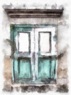 Bangkok 'ta terk edilmiş eski binaların peyzajı suluboya resim çizimi empresyonisti