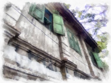 Bangkok 'ta terk edilmiş eski binaların peyzajı suluboya resim çizimi empresyonisti