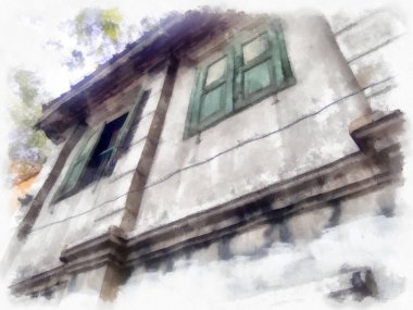 Bangkok 'ta terk edilmiş eski binaların peyzajı suluboya resim çizimi empresyonisti