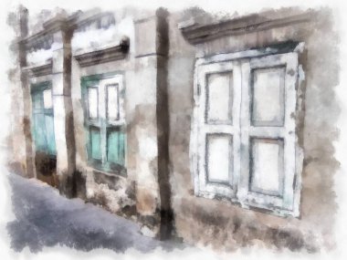 Bangkok 'ta terk edilmiş eski binaların peyzajı suluboya resim çizimi empresyonisti