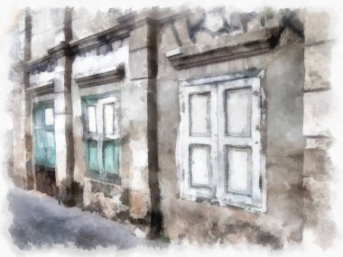 Bangkok 'ta terk edilmiş eski binaların peyzajı suluboya resim çizimi empresyonisti