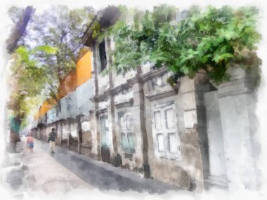 Bangkok 'ta terk edilmiş eski binaların peyzajı suluboya resim çizimi empresyonisti