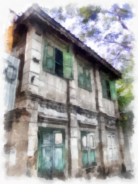 曼谷废弃建筑景观水彩画风格图解 — 图库照片