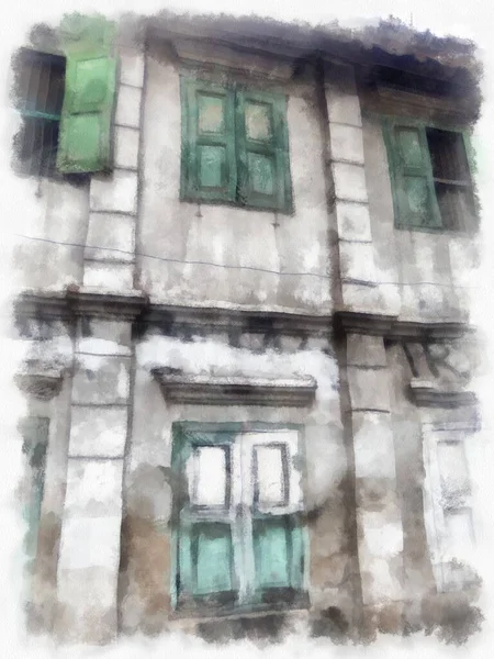 Пейзаж Старих Покинутих Будівель Стилі Акварелі Бангкока Ілюстрований Імпресіоністський Живопис — стокове фото