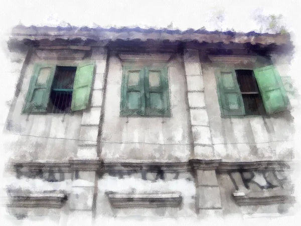 Paysage Vieux Bâtiments Abandonnés Bangkok Aquarelle Style Illustration Peinture Impressionniste — Photo