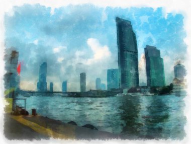 Chao Phraya Nehri manzarası, Bangkok Tayland suluboya resim ressamı.