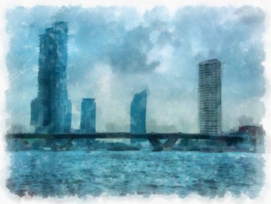 Chao Phraya Nehri manzarası, Bangkok Tayland suluboya resim ressamı.