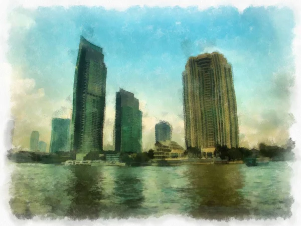 강변에 건물들의 모습을 수채화 — 스톡 사진