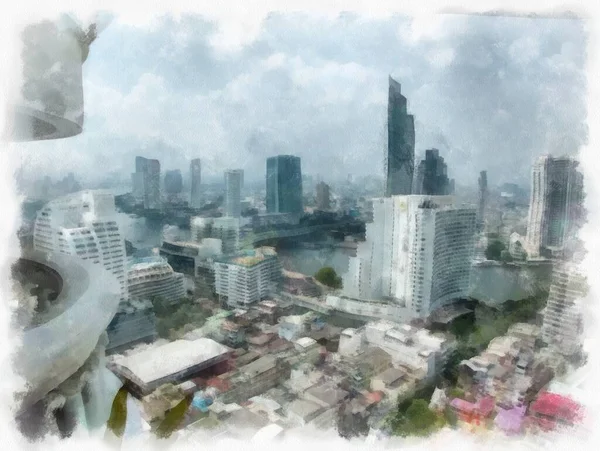 Bangkok City Landskap Thailand Akvarell Stil Illustration Impressionist Målning — Stockfoto