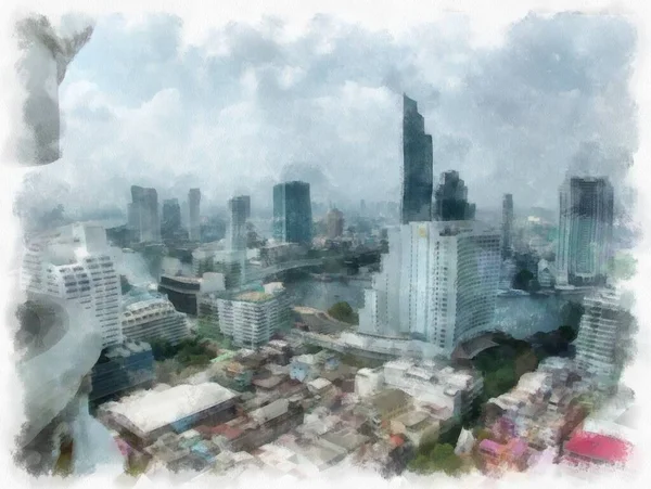 Міський Пейзаж Бангкоку Стиль Акварелі Таїланду Ілюструє Імпресіоністський Живопис — стокове фото