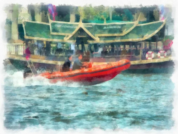 Flussfähre Auf Dem Chao Phraya Fluss Bangkok Aquarell Stil Illustration — Stockfoto