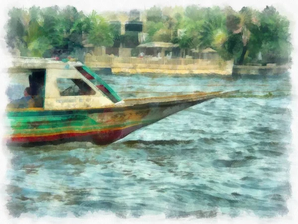 Flussfähre Auf Dem Chao Phraya Fluss Bangkok Aquarell Stil Illustration — Stockfoto