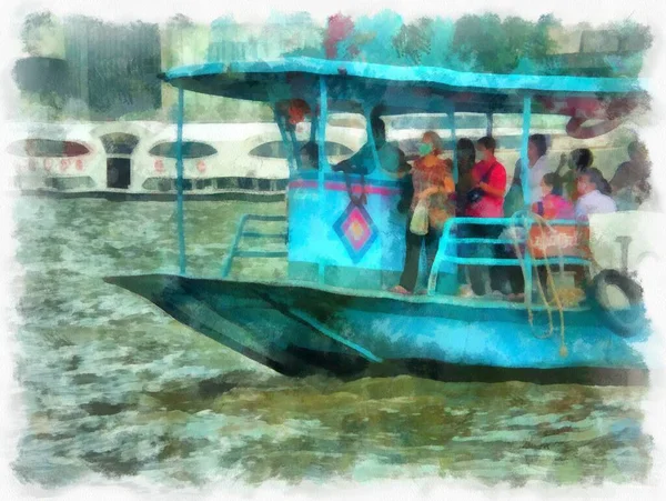 Transbordador Fluvial Río Chao Phraya Bangkok Acuarela Estilo Ilustración Pintura — Foto de Stock