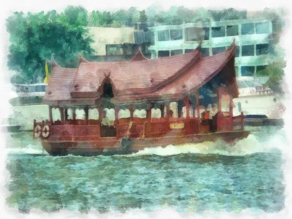 Flussfähre Auf Dem Chao Phraya Fluss Bangkok Aquarell Stil Illustration — Stockfoto